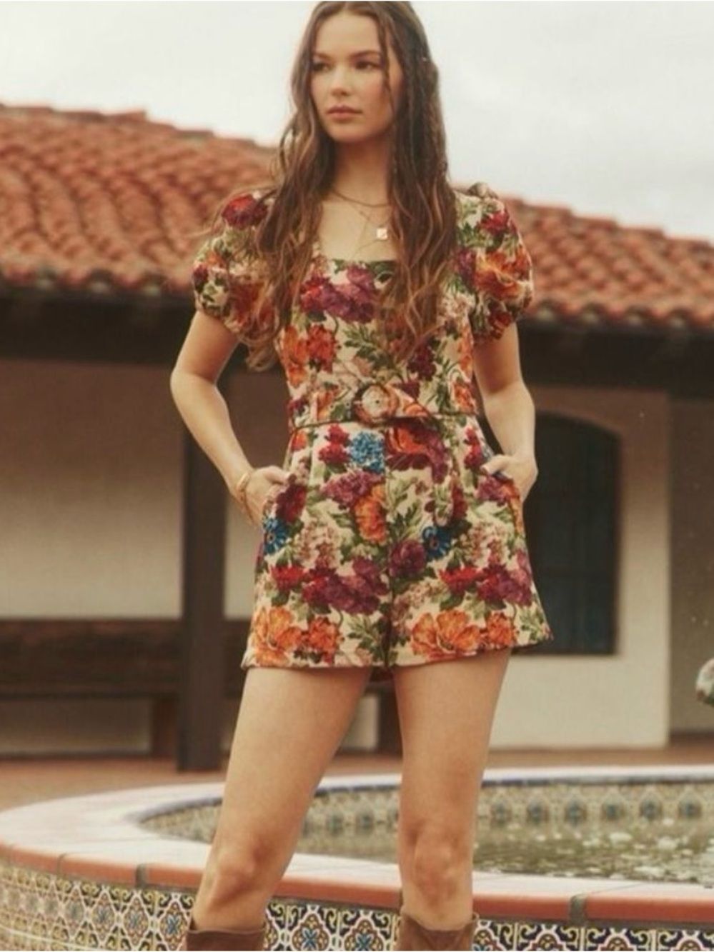 Entro Floral Tapestry Puff Sleeve Belted Romper Sz Medium